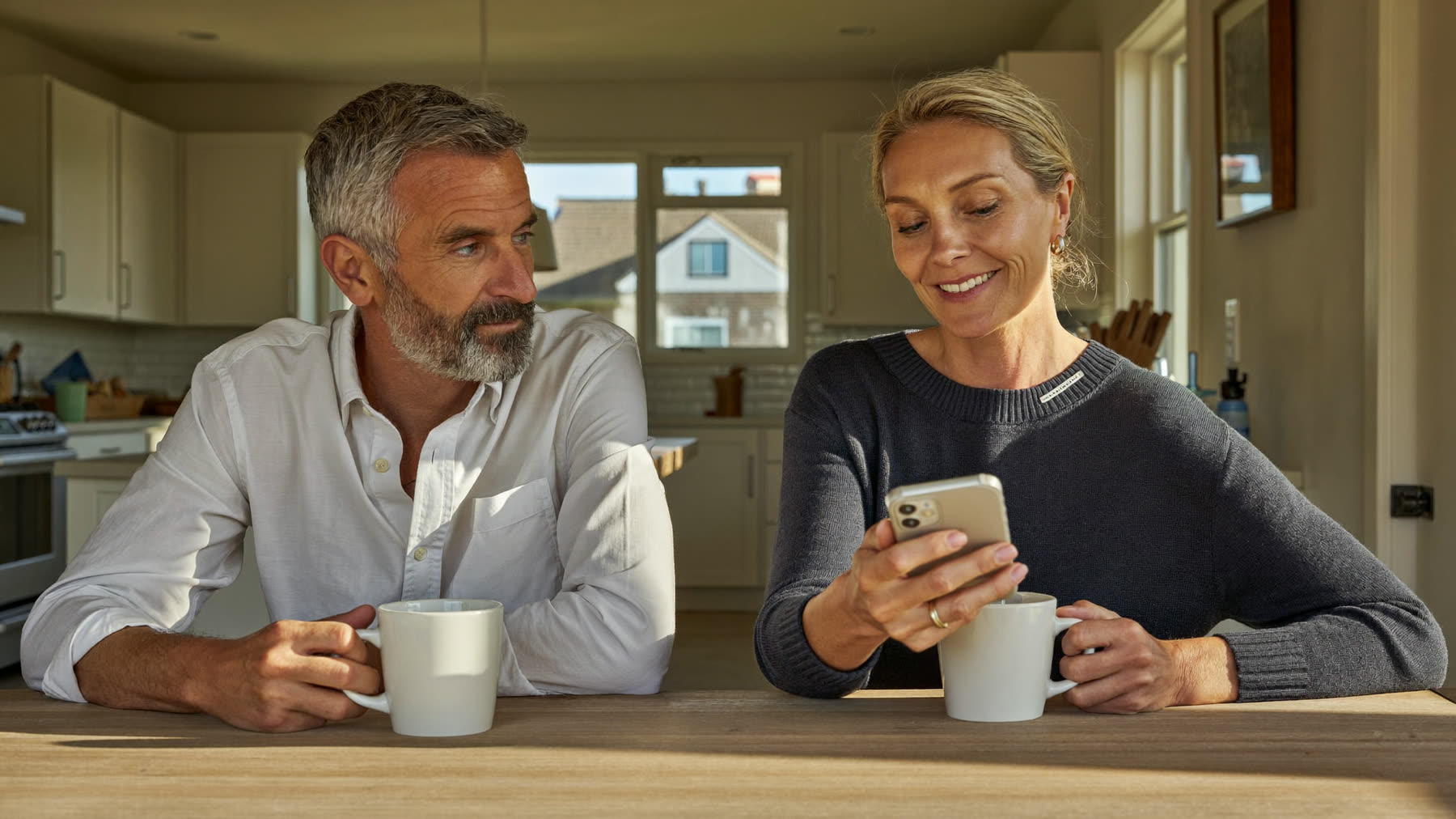 Couple at their kitchen table looking at a phone together