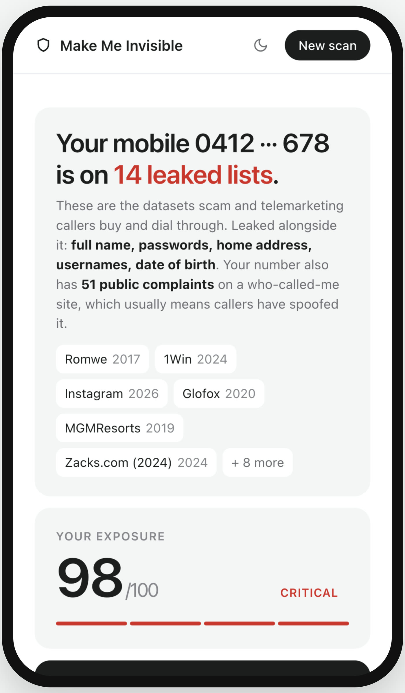 The Make Me Invisible result screen on a phone, showing the leaked lists a mobile number appears on
